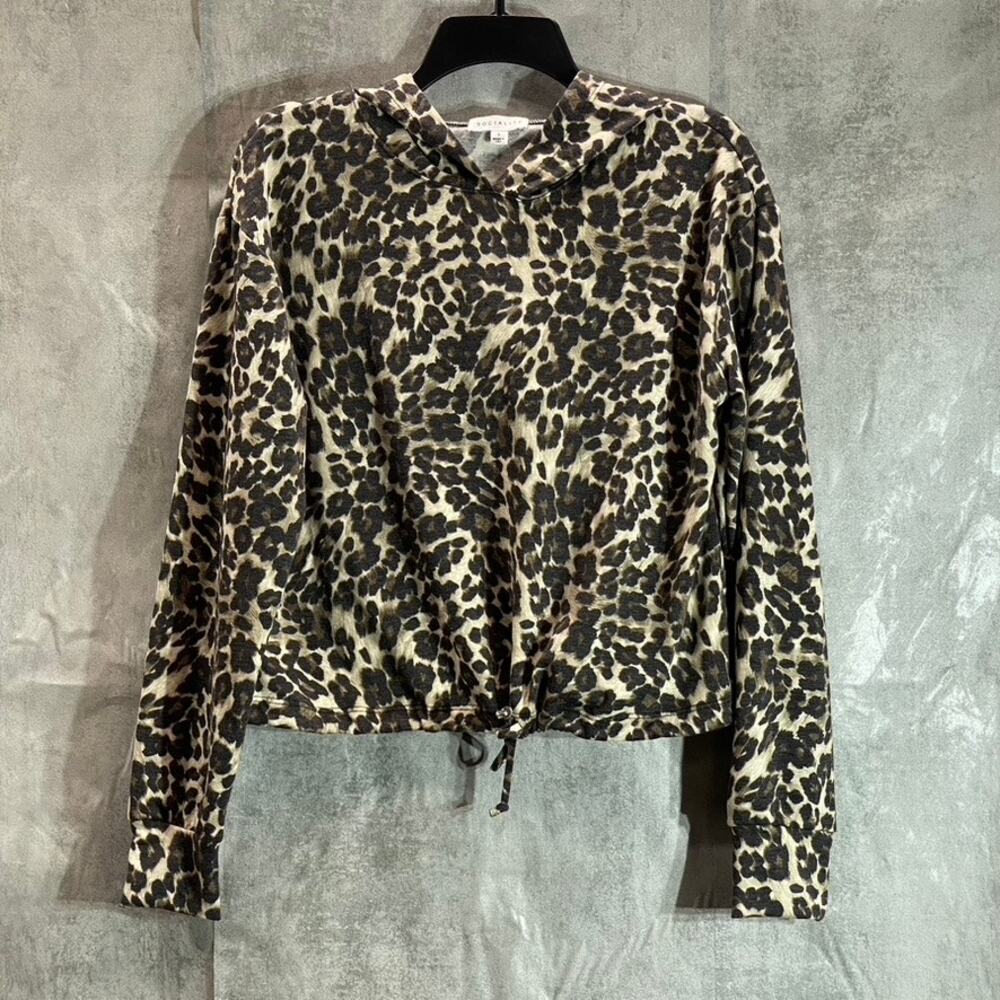 SOCIALITE Women's Tan Leopard Print Dropped Shoulder Drawstring Waist Hoodie